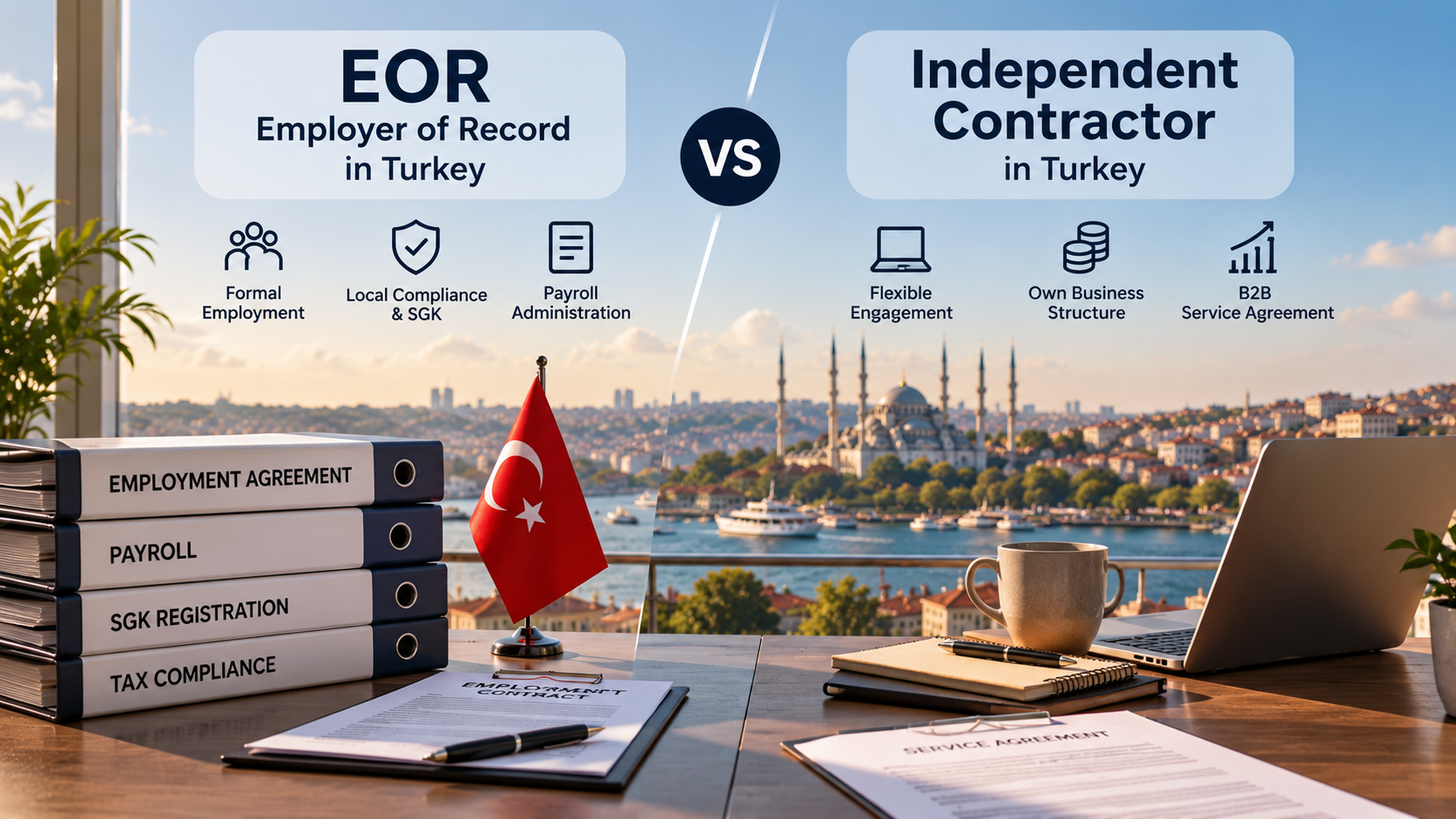 EOR vs Independent Contractor in Turkey comparison showing employment, payroll, SGK and B2B contractor structures